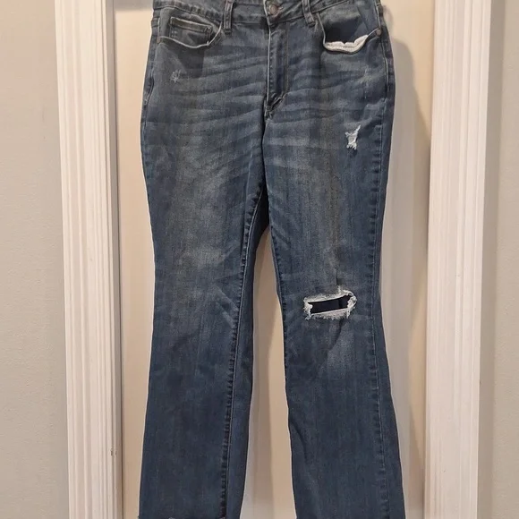 Judy Blue Dark Wash Distressed Bootcut Fit Midrise Jeans Sz 14W Flare Stretch - Picture 3 of 9